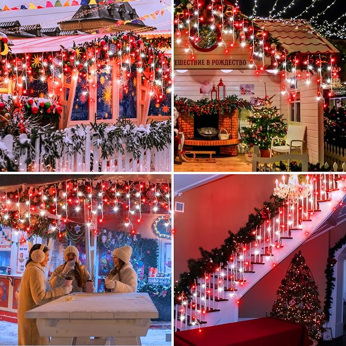 XURISEN 66ft Christmas Lights Decorations Outdoor, 640 LED 8 Modes Curtain Fairy Lights with 120 Drops,Plug in Waterproof Timer Memory Function for Christmas Holiday Wedding Party Decor(Red+White)