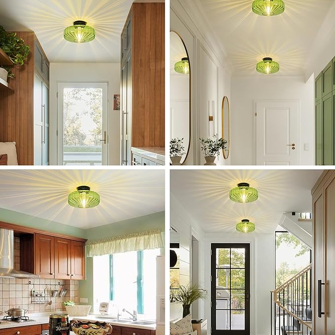 Glass Semi Flush Ceiling Lights - 12 in Vintage Mid Century Modern Lighting Fixture - Green Drum Unique Art Deco Mount Light Fixtures for Hallway Entry Way Hall Kitchen Dining Laundry Room Foyer Porch