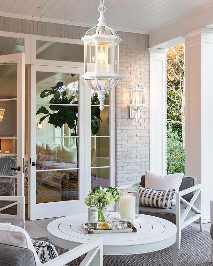 VIANIS Outdoor Hanging Lights, White Outdoor Pendant Lights with Tempered Beveled Glass, 20 Inch 1-Light Adjustable Outdoor Chandelier for Entryway, Gazebo, Waterproof and Anti-Rust, 100% Aluminum