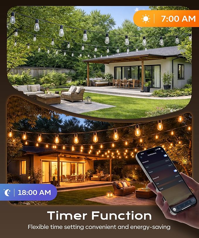Ecoeve150ft LED Outdoor String Lights Compatible with APP and Remote Control,with Timer Function dimmable, 4 Scene Modes, Warm White Waterproof LED Bulbs, Suitable for Patio and Backyard Decoration
