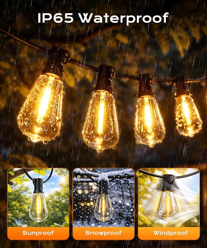Ecoeve150ft LED Outdoor String Lights Compatible with APP and Remote Control,with Timer Function dimmable, 4 Scene Modes, Warm White Waterproof LED Bulbs, Suitable for Patio and Backyard Decoration