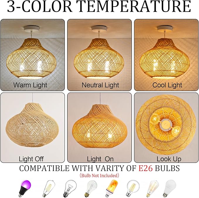 2-Light Rattan Pendant Light,14.96" Hanging Light,Round Wicker Pendant Light Hand-Woven Rattan Chandelier for Workplace Dining Living Bedroom Kitchen Farmhouse 1-Pack