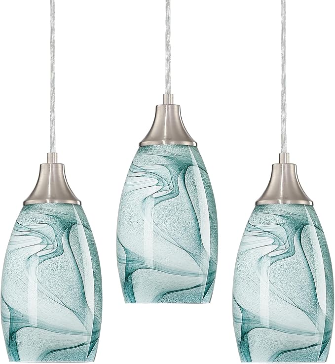 karyfine Mini Pendant Lights Kitchen Island Light Brown Glass Lamp Shade Hand Blown Glass Pendant Light with Brush Nickel Finish Adjustable Cord for Kitchen Over Sink (Green Marble-3Packs)
