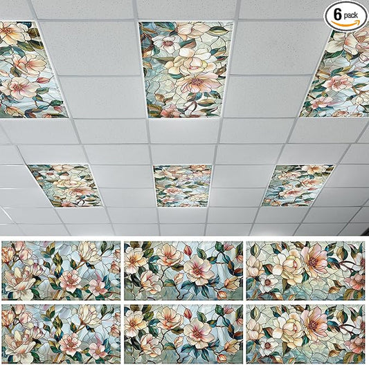Wiooffen 6 Pcs Fluorescent Light Covers with 60 Magnets Decorative for Classroom Ceiling Light 4 x 2 Feet Magnetic Light Covers Filter Easy Install for Office Hospitals & Home(Retro Magnolia)