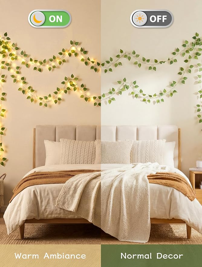 Vine with Fairy Lights,23FT 73LED Ivy Leaves String Lights Plug in,Twinkle Fake Pothos Garland Lights Indoor Outdoor for Bedroom,Dorm,Ceiling,Spring,Wedding,Birthday,Wall Decor(Warm White)