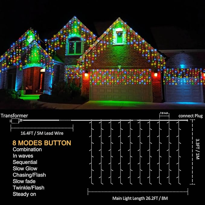 kemooie 400 LED Outdoor Curtain Lights, 26.2FT x 3.3FT Connectable 8 Lighting Modes for Christmas Decorations Bedroom Wall Party Garden Decorations (Multicolor)