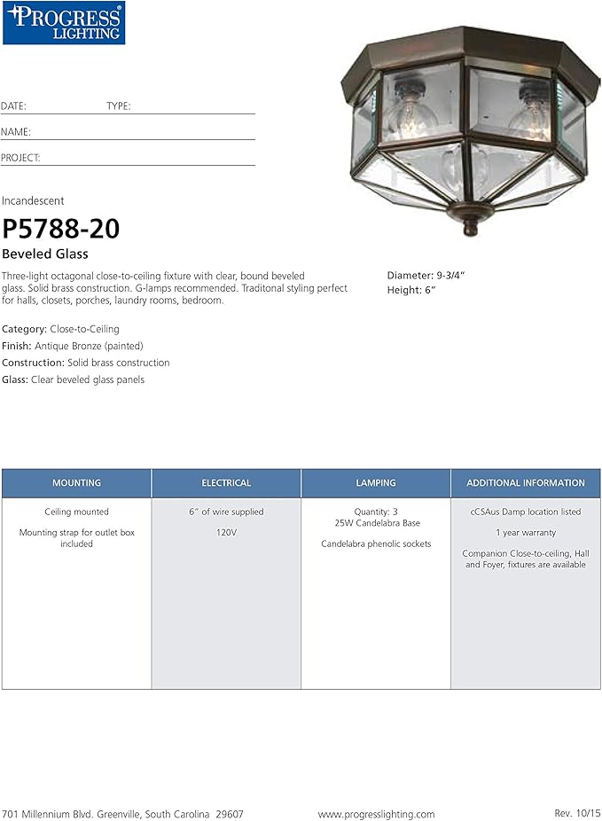 Progress Lighting 3-Light Beveled Glass 9-3/4" Close-to-Ceiling, Indoor, P5788-20, Antique Bronze