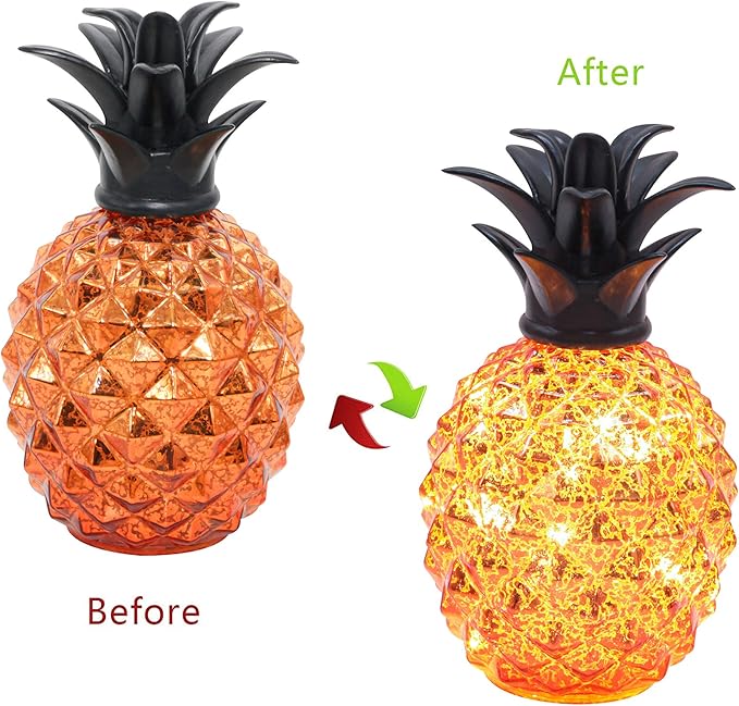 Romingo Mercury Glass Pineapple Lamp 9 Inch Batteries Operated Night Light with Timer for Living Bed Room, Women's Gift for Wife Girl Friend, Orange