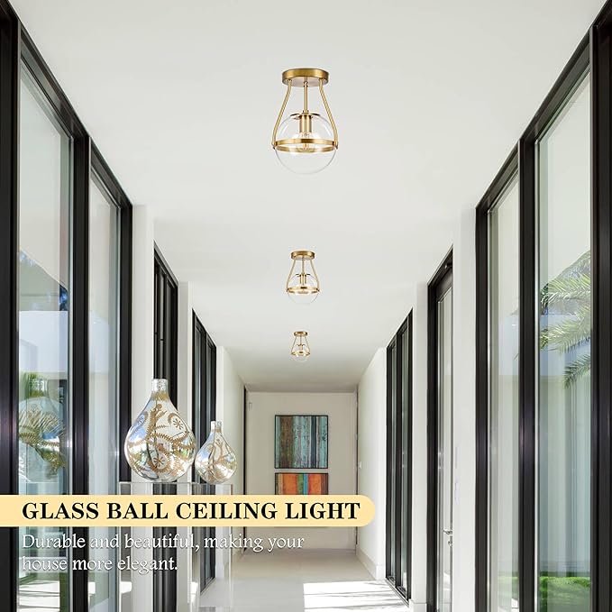 Bagood 6" Globe Semi Flush Mount Ceiling Light Fixture Modern Gold Semi Flush Mount Ceiling Light Mid Century Ceiling Light with Clear Glass Shade Brass Finish for Hallway Bathroom Foyer (Bulb Incl.)