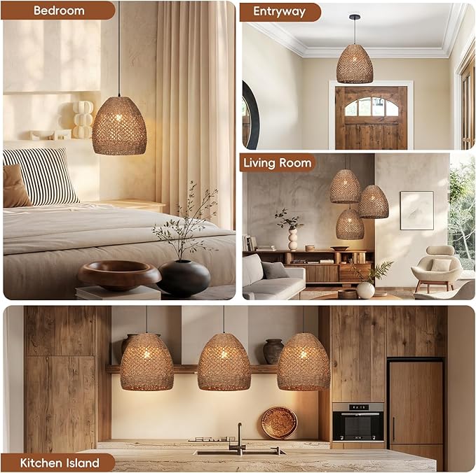 13.7" Boho Rattan Chandelier Light Fixture, 1-Light Hand Woven Coastal Ceiling Pendant Lights Kitchen Island Farmhouse Hanging Lamp for Dining Room, Bedroom, Living Room, Entryway, Foyer