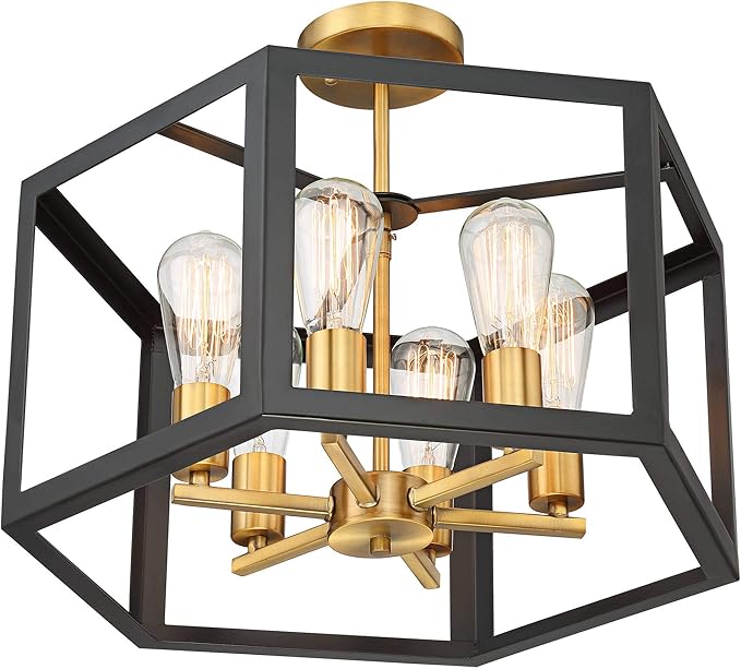 Possini Euro Design Beni Industrial Rustic Farmhouse Ceiling Light Semi Flush-Mount Fixture 20" Wide Antique Bronze Gold 6-Light Open Pentagon Frame for Bedroom Kitchen Living Room Hallway Dining