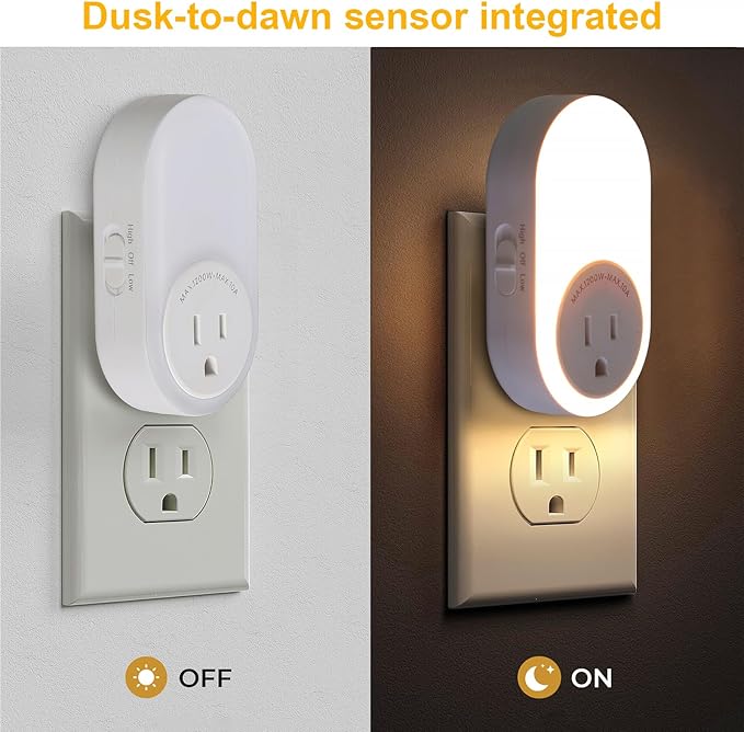 Dawnrise Night Lights Plug Into Wall, Dusk to Dawn Sensor Night Light with Power Outlet, CCT 2200K or 4000K, 5Lm or 20Lm Adjustable Brightness for Bedroom, Kitchen, Living Room, Office, 2PK