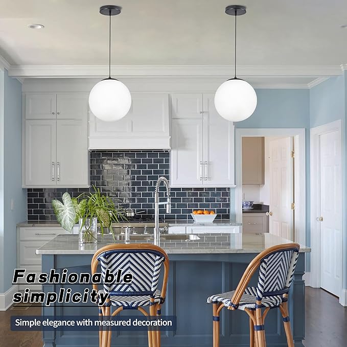 KoKo&Yukina 10" Globe Pendant Light Black Mid Century Pendant Light Mid Century Adjustable Hanging Light Fixture Matte Black Finished with Milk Glass Lampshade for Dining Room Bedroom Kitchen Island