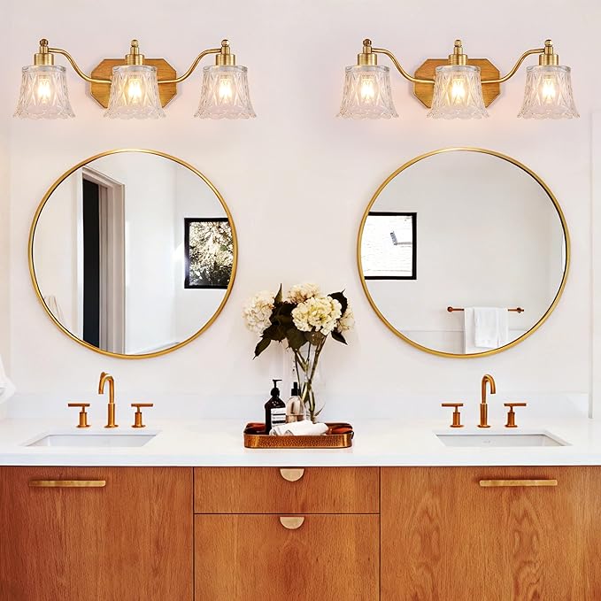 22" Gold Bathroom Light Fixture, 3 Light Brass Vintage Vanity Light, Antique Gold Finish with Crystal Glass Shade, Suit for Bathroom, Bedroom or Hallway