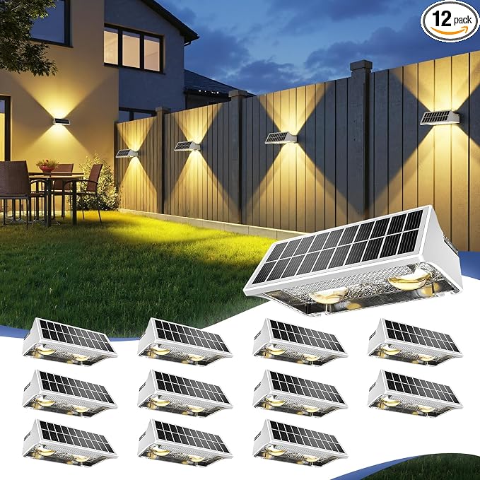 JOFIOS Solar Fence Lights Outdoor,12Pack,Warm White+RGB 9 Colors,1200mAh,Up and Down Fence Lights Solar Powered Waterproof,Solar Wall Lights for Fence,Backyard,Porch（White）