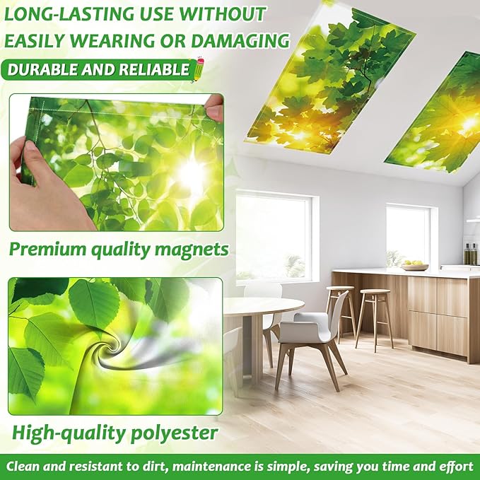 Wiooffen 6 Pcs Fluorescent Light Covers with 60 Magnets Decorative for Classroom Ceiling Light 4 x 2 Feet Magnetic Light Covers Filter Easy Install for Office Hospitals & Home(Green Leaves)