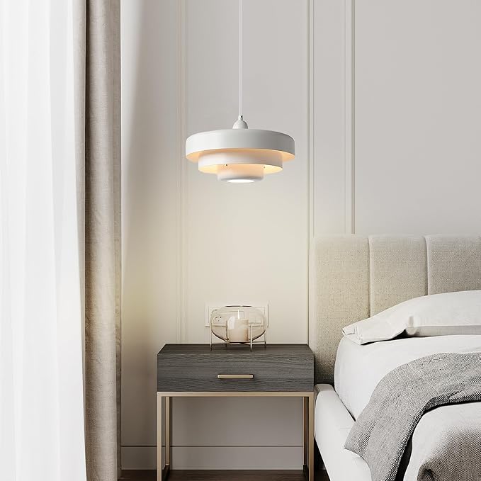 Hanging Lamp Plug in White Pendant Light Fixtures Mid Century Modern Pendant Lamp Nordic Style Pendant Lighting Metal Shade for Living Room Dining Room Bedroom Kitchen Island