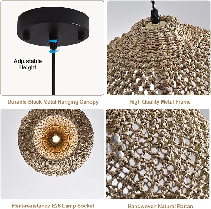 Pendant Light Rattan Fixture,Farmhouse 13.79” Wicker Hand-Woven Boho Hanging Chandelier for Kitchen Island Bedroom Living Room Entry Hallway