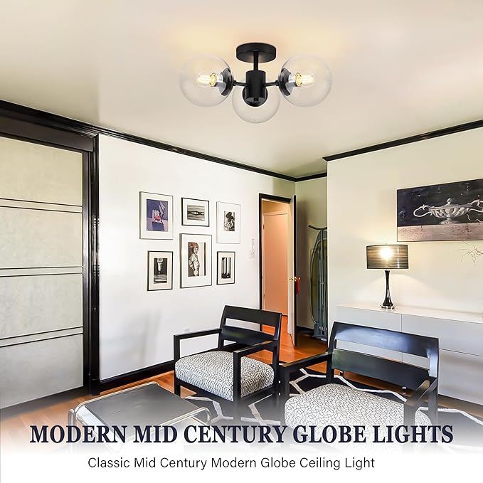Mid Century 3-Light Clear Globe Glass Black Chandelier 19 Inch Modern Black Semi Flush Mount Ceiling Lights Modern Light Fixtures Ceiling Lights Fixture for Bedroom Hallway Entryway