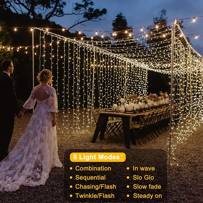 Christmas Battery Curtain Lights Warm White with Remote Timer 9.8×9.8ft