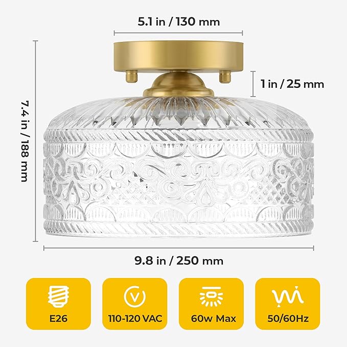 Semi Flush Mount Ceiling Light Gold, Upgraded Larger Vintage Glass Pendant Lamp Shade, Modern Farmhouse Light Fixture for Hallway Corridor Kitchen Entryway Bedroom, Bulb Not Included