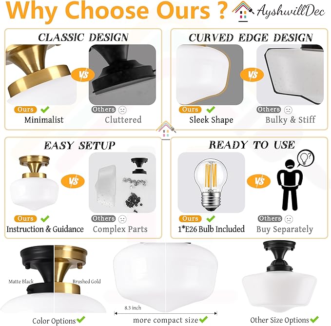 Brass Schoolhouse Ceiling Light 8" Mid Century Lights Fixtures Milk Glass Light Fixture School House Lights Fixture Ceiling Semi Flush Mount Ceiling for Bedroom Bathroom (Bulb Incl.)