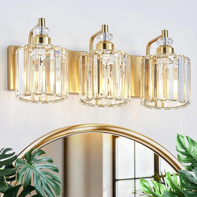 3-Light Modern Gold Bathroom Vanity Lights Brushed Brass Lighting Fixtures Over Mirror, Bathroom Vanity Lighting with Crystal Shade Wall Sconce E26 Base for Bedroom Livingroom Restroom Wall Lamp