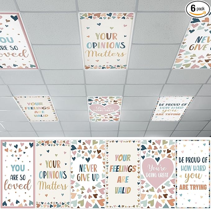 QOUBAI 6 Pcs Fluorescent Light Covers, 4x2 Feet Magnetic Light Cover Fluorescent Lights Shade Panel Positive Inspirational Ceiling Lights Filters for Office Classroom Home Drop Ceiling Boho Heart