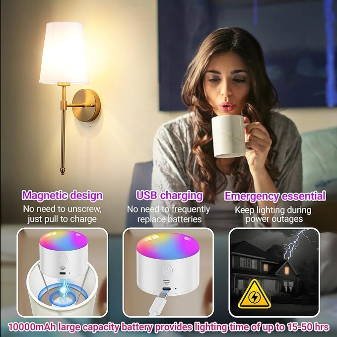 YHCDLAMP Battery Operated Wall Sconce Set of 2, Rechargeable Wall Sconce with 10000mAh Bulb and Remote, Up to 50 Hrs Use, RGB Dimmable Wireless Wall Lights for Living Room Bedroom Hallway