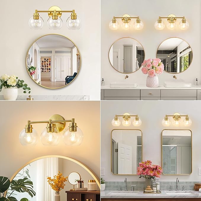 Gold Bathroom Vanity Lights, 3-Light Wall Sconce with Glass Globe Shade, Vanity Lighting for Bathroom/Bedroom/Dressing Room, Vertical/Horizontal Mounted, E26 Bulb Base (Bulb Not Included)