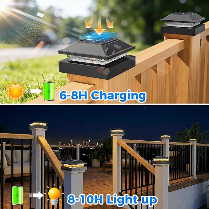 Peasur 4x4 Solar Post Cap Lights 6 Pack, 2 Modes 16 LED Post Lights Solar Powered Waterproof, Black Fence Deck Lights Fit 4x4, 3.5x3.5 Wooden/Vinyl Post for Porch Patio