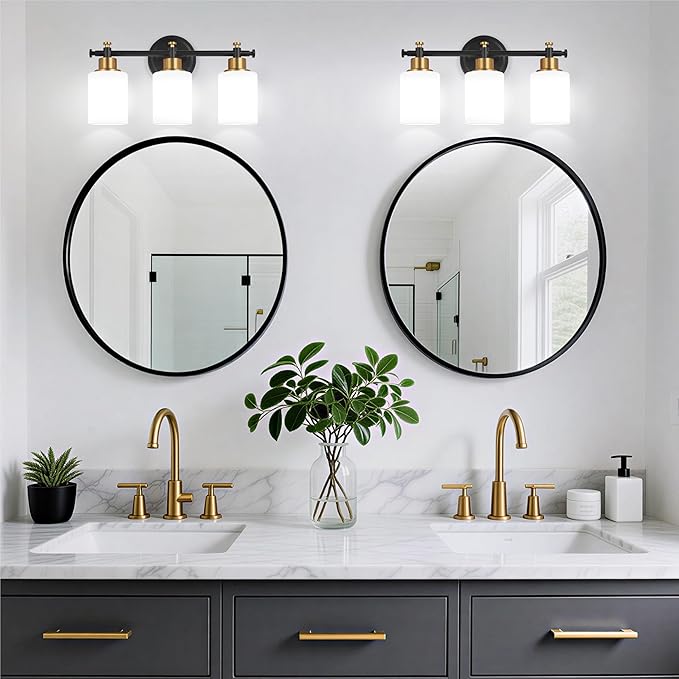 3-Light Bathroom Vanity Light, Black and Gold Vanity Lights for Bathroom with Milky White Glass Shade, Vanity Light Fixture Over Mirror, Modern Style, 16 Inch Compact, E26 Base