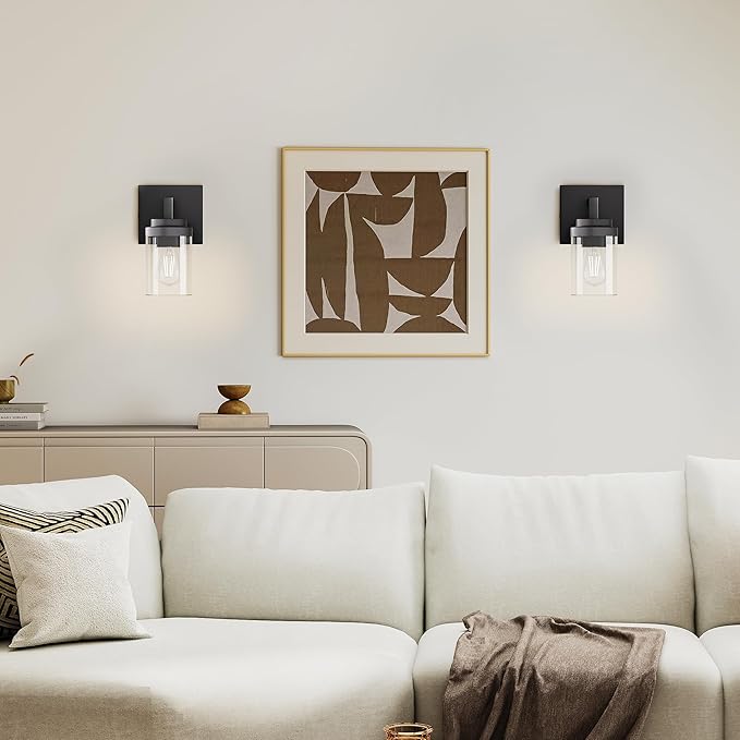 Espird Matte Black Wall Lights, Set of 2 Wall Sconce with Clear Glass Shade, Farmhouse Sconce Lights, Wall Mount Lamp for Bedroom Mirror Living Room