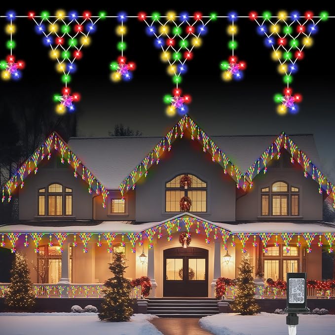 (New) Outdoor Christmas Lights, 13.8ft 218 LED Christmas Curtain Lights, Icicle String Lights with 12 Drop Stars for Curtain, Indoor, Garden, Patio, Wedding, New Year, Home Decoration - Multicolor
