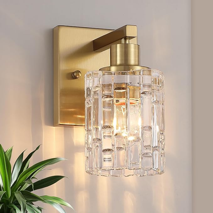 1 Light Brushed Gold Bathroom Vanity Light Over Mirror, Modern Vanity Lighting with Crystal Glass Shade, Wall Mount Bathroom Light Fixtures, E26 Base