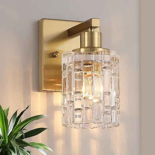 1 Light Brushed Gold Bathroom Vanity Light Over Mirror, Modern Vanity Lighting with Crystal Glass Shade, Wall Mount Bathroom Light Fixtures, E26 Base