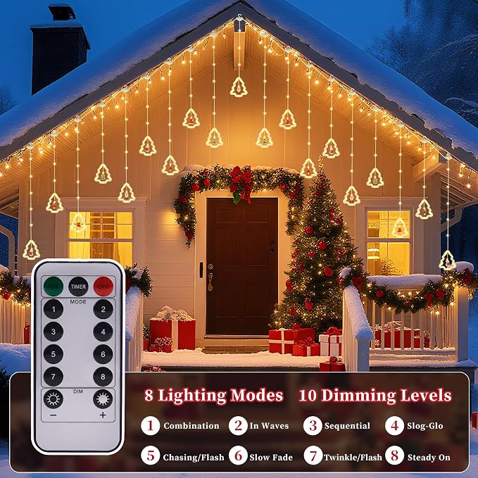 Christmas Tree Curtain Lights, Christmas Window Lights Decor with Remote,8 Lighting Modes, IP65 Waterproof, 10 Hooks Christmas Decorations Indoor Outdoor for Bedroom Party Wall Door Window