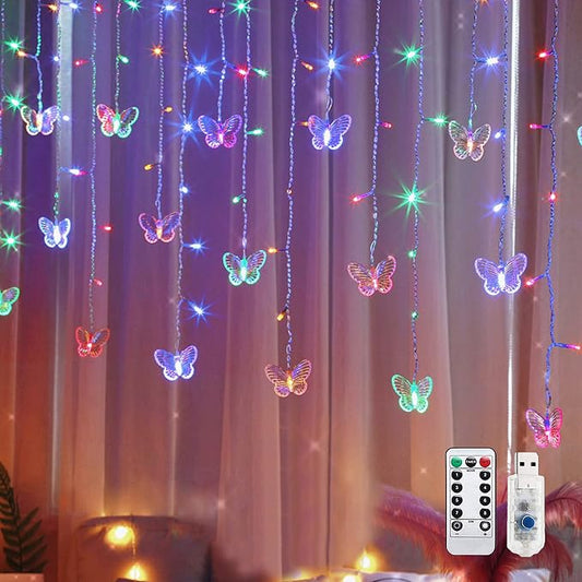 Butterfly Curtain Fairy String Lights, 120LED 8 Modes USB Powered Timer Firefly Twinkle Light with Romote, 14.7FT Copper Wire Hanging Decoration for Room, Wedding, Bedroom, Party, Christmas Decor