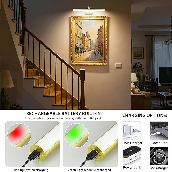 RAIFOOLLY Picture Light,Magnetic Wall Light,16inch Art Light,5000mAh Battery Accent Light with Remote Timer and Dimmable for Painting, Frame, Portrait, Artwork - Gold