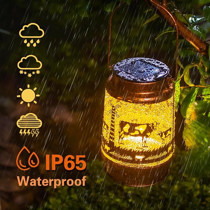 EZTZEN Cow Solar Lanterns Outdoor Waterproof Hanging Solar Lights Cow Gifts for Women Men Metal Decorative LED Cow Lanterns for Garden Decor,Yard,Patio,Lawn,Tabletop,Pathway,Landscape, Brown