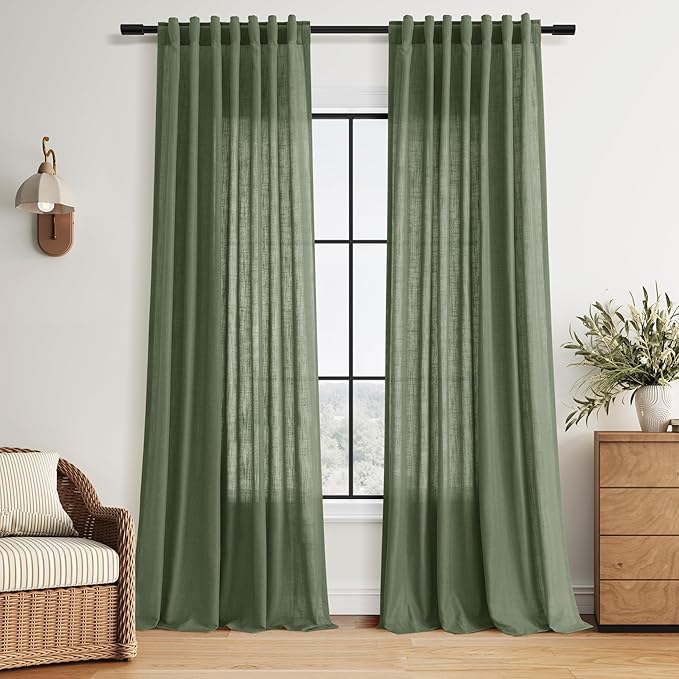 Nanspring Forest Green Linen Curtains 108 Inches Long for Living Room Light Filtering Semi Sheer Curtain Back Tab Wabi Sabi Boho Decor Floor to Ceiling High Window for Bedroom Office 52x108, 2 Panels