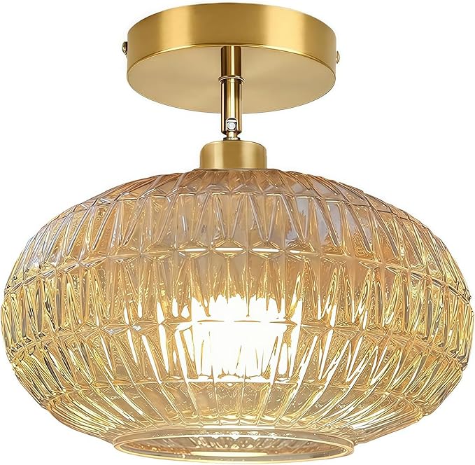Semi Flush Mount Ceiling Light Fixture,Sloped Ceiling Light Fixture,Small Hallway Light Fixtures,Amber Glass Ceiling Fixture,Kitchen Ceiling Light Fixture,Vintage Ceiling Lighting for Porch Entryway