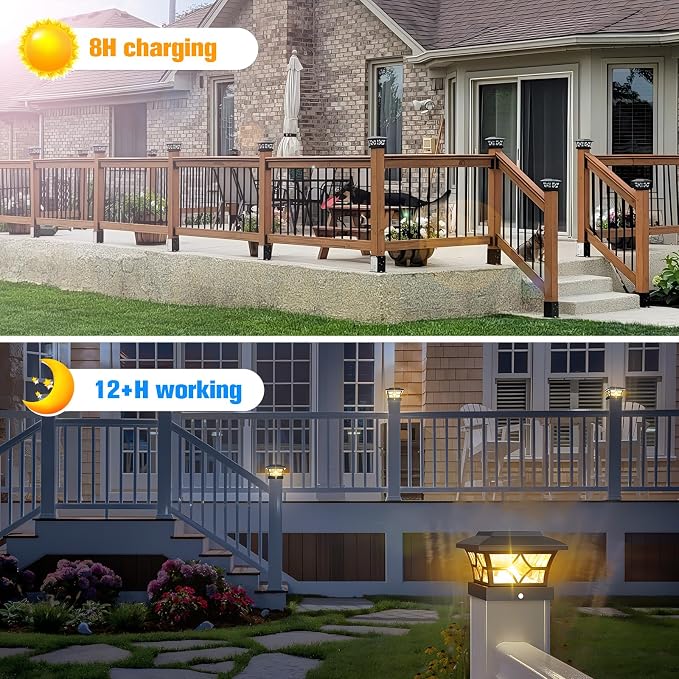 VOLISUN Solar Post Cap Lights Outdoor, Solar Powered Fence Cap Lights for 4x4 Vinyl/Wood, Black Waterproof Solar Deck Post Light 4Pack Cool/Warm for Garden Patio Porch