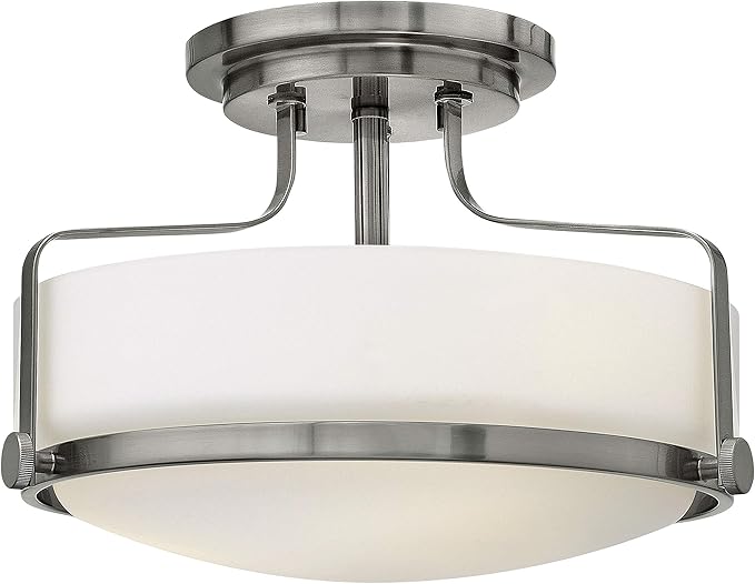 Hinkley Harper 3641BN Medium Semi-Flush Mount Ceiling Light, Sleek, Retro Style, Brushed Nickel and Etched Opal Glass
