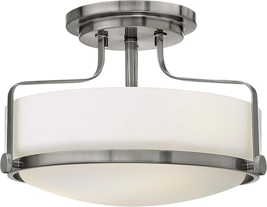 Hinkley Harper 3641BN Medium Semi-Flush Mount Ceiling Light, Sleek, Retro Style, Brushed Nickel and Etched Opal Glass