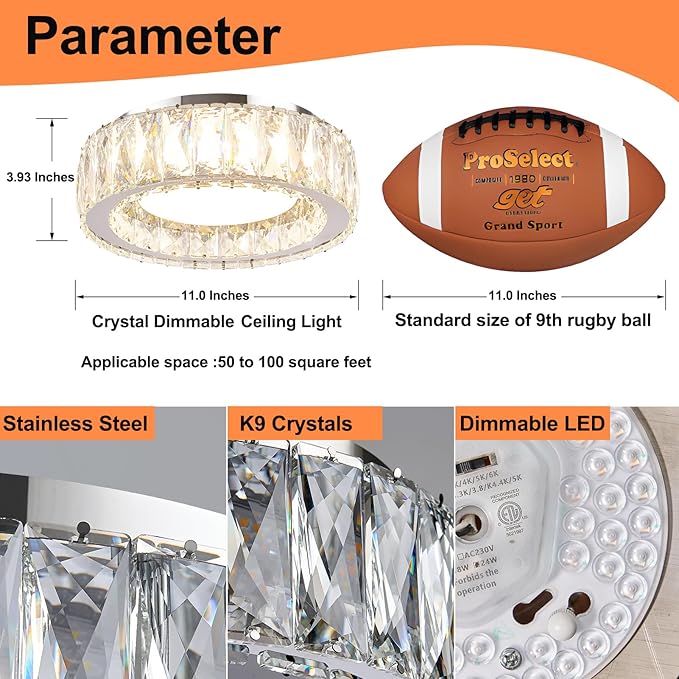 Dimmable Crystal Modern LED Flush Mount Ceiling Light,Chrome 11 Inch Small Chandelier 24W 5CCT 3000K-6000K Hallway Close to Ceiling Light Fixtures for Kitchen,Entryway,Laundry Room,Bedroom