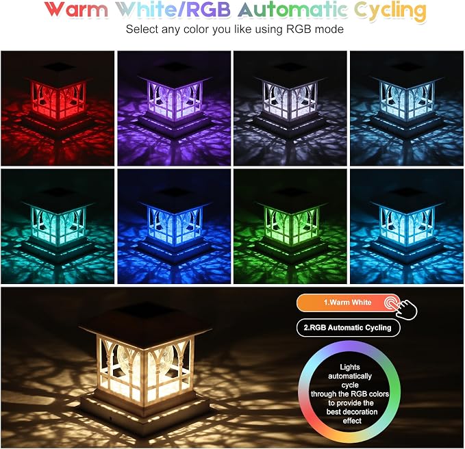 Fence Post Solar Lights, Crackle Glass Solar Post Cap Lights, 20 Lumens, Warm White & RGB Automatic Cycling 2 Modes for 3.6x3.6 4x4 4.5x4.5 5x5 Vinyl Wooden Posts Decoration, White (2 Pack)
