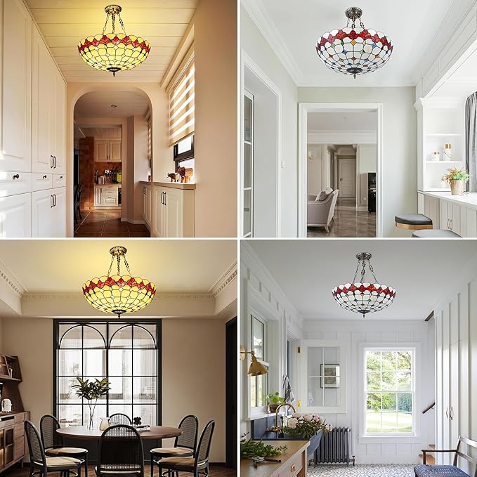 Vintage Pendant Light Fixtures, 20 Inch Stained Glass Hanging Lamp 100-240V Antique Style Ceiling Mount Fixture for Dining Room Living Room Kitchen Entryway-E26