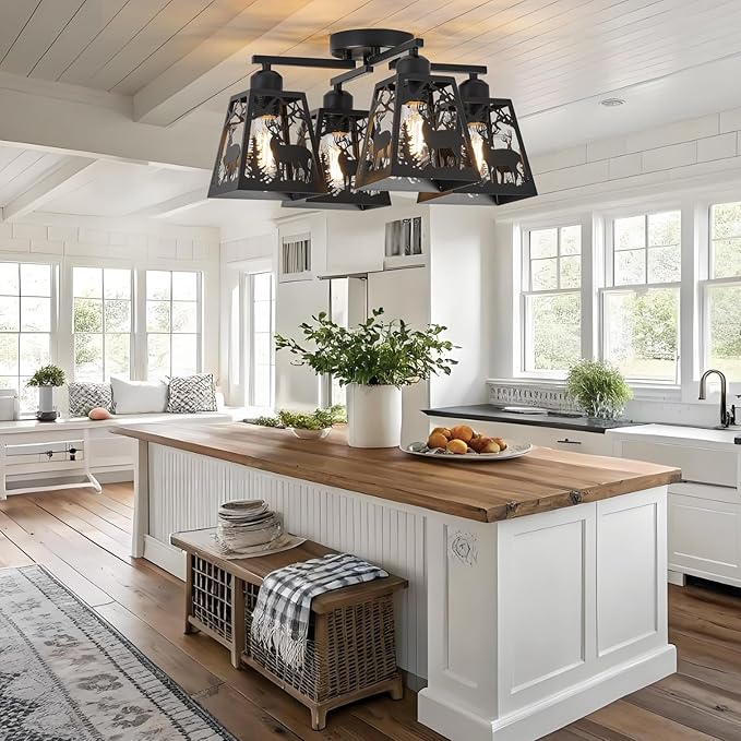 Farmhouse Rustic Deer Light Fixtures, 4 Light Black Semi Flush Mount Rotation Arm Ceiling Lights for Kitchen, Living Room, Hallway, Bedroom, Entryway (Bulbs not Included)