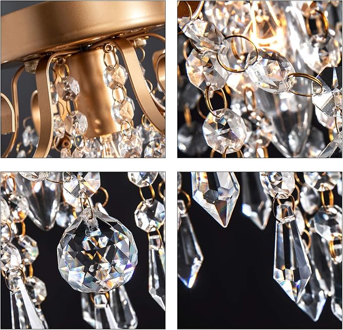 Q&S Mini Chandelier Crystal Ceiling Light,Small Flush Mount Gold Light Fixture for Entryway Bedroom Barthroom Hallway Closet E26